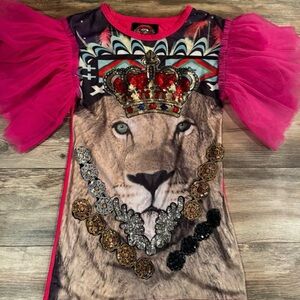 Lion Graphic Tee with Pink Tulle Sleeves